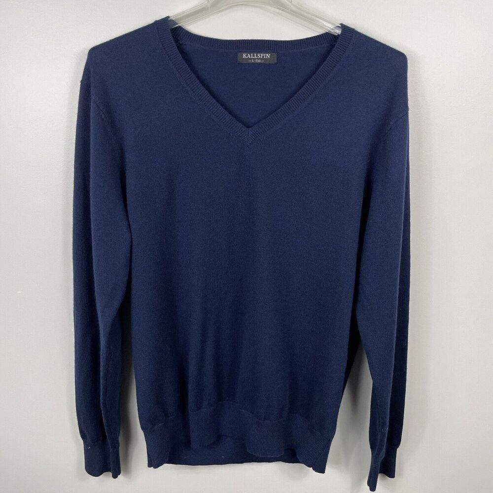 Kallspin Cashmere Blend V Neck Sweater Men's Size Large Tall Navy Golf Business